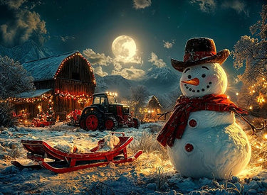 Evening on the Farm: Snowman Standing Guard by the Barn Puzzle | MakeYourPuzzles